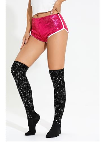 Image of Woman's Rhinestone Over Knee High Socks Stripe Knit Stockings Leg Warmers for Christmas Valentines day Events