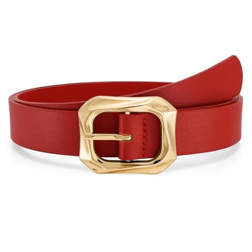 WHIPPY Womens Leather Belts with Gold Buckle Casual Fashion Ladies Waist Belts for Jeans Pants Dresses Red S