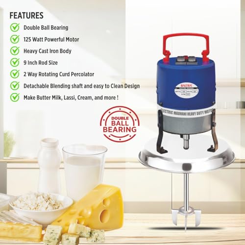 Image of BALTRA Electric Madhani Machine, Blue, Madhani (SS Plate) | Two Way Rotating Curd Percolator, 125 W Hand Blender, For Churning Lassi, Butter & Buttermilk, Durable & Easy to Clean