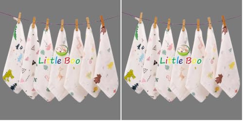Image of Little Boo Muslin Face Hankies /Towels for Newborn Baby Extra Soft Reusable Napkins for Infants Toddlers /Kids (Pack of 10) White Printed.