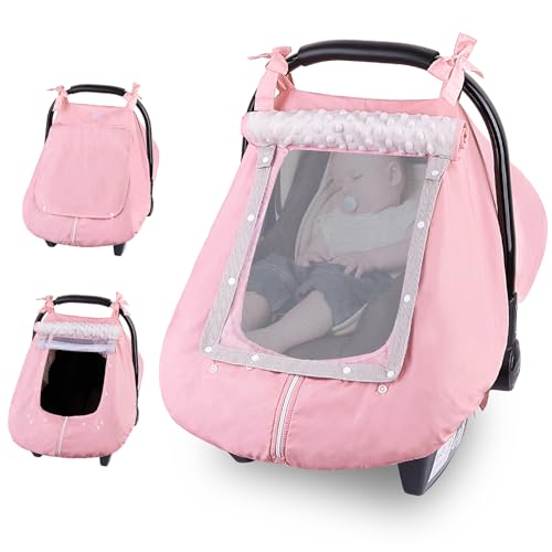 Image of FIOBEE Baby Car Seat Cover, Car Seat Covers for Babies Infant Car Seat Canopy with Breathable Mesh Window Waterproof Carseat Cover for Babies Boy Girl 4 Seasons, Pink