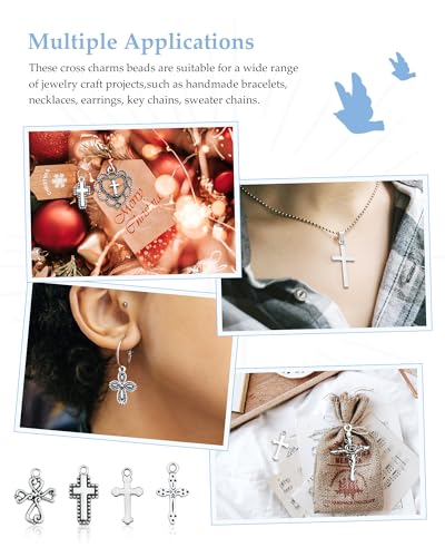 YETOOME 60 Pcs Antique Silver Cross Charms, Alloy Crucifix Pendant Connector for Bracelet Earrings Necklace Jewelry Making (15 Styles)