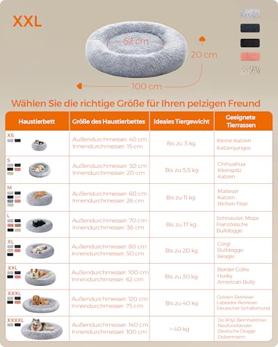 Feandrea Hundebett flauschig, Katzenbett, Donut Kissen, waschbar, Polsterung in der Mitte herausnehmbar, Langer Plüsch, 100 cm Durchmesser, Ombré-Grau PGW042G01