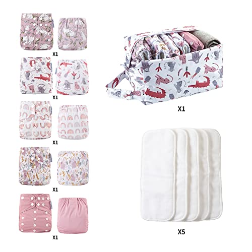 Coolapeach Baby Cloth Diapers Washable Reusable Diapers For Baby Girls, One Size Adjustable Pocket Nappy Covers 5 Pack+ 5Pcs Microfiber Inserts+ One Waterproof Bag #TOP2