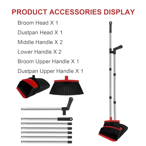 Image of Broom and Dustpan Set for Household, Red Broom with Dustpan Combo Set, 51 inch Long Handle Dust pan Set for Dog Cat and Hair Clean