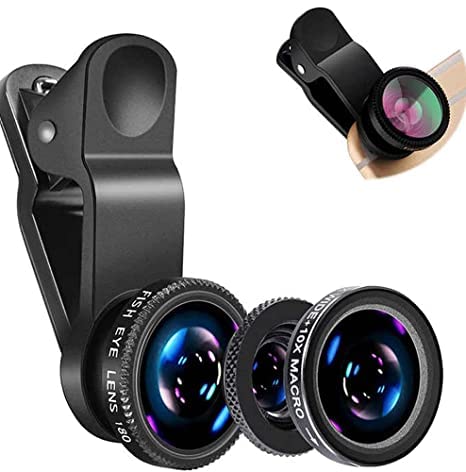 QOCXRRIN 3 in 1 Set Mobile Professional HD Camera Lens: 180° Fisheye Lens + Wide Angle+ 10x MM Macro Lens with Bag Clip Holder Kit for All Smart Phones, Tablets, iOS, Android (Black)