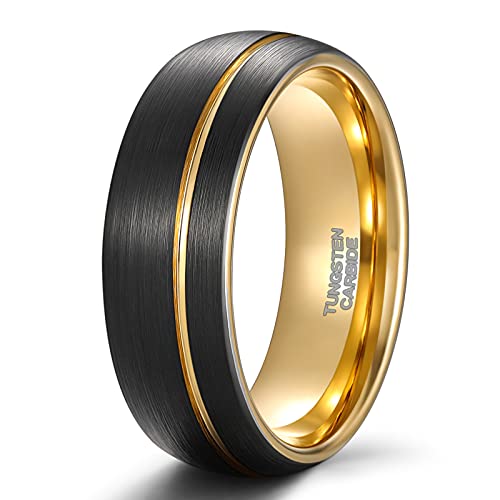TRUMIUM 8mm 24K Gold Plated Tungsten Carbide Rings Black Mens Wedding Band Groove Center Ring Beveled Edges Comfort Fit Size 7-14