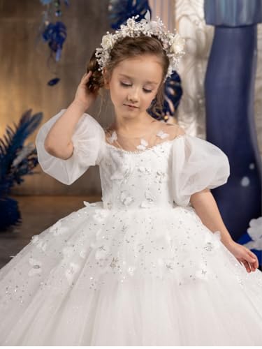 Tulle Flower Girls Dresses Puff Sleeve Pageant Dress for Girls Butterfly Wedding Party Dress2