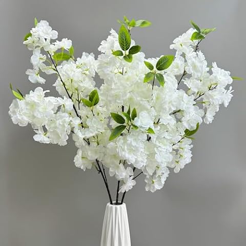 Goodangie00 3 Pack 39" White Artificial Cherry Blossom Flower with Leaves Bushy Silk Branches for Home Room Vase Wedding Party Kawaii Decor, Japan's National Flower Cover