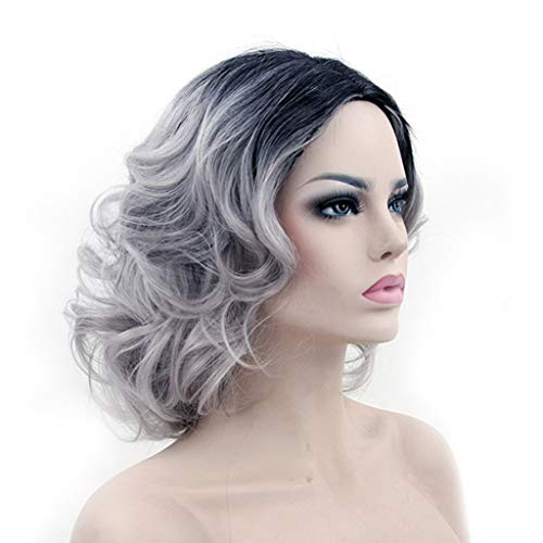Perruque Perruque, 40cm Dames Naturelles Noir Racines Grand-mère Cendres Doux Cheveux Bouclés Courts Résistants À La Chaleur Synthétique Cosplay Postiches Cover