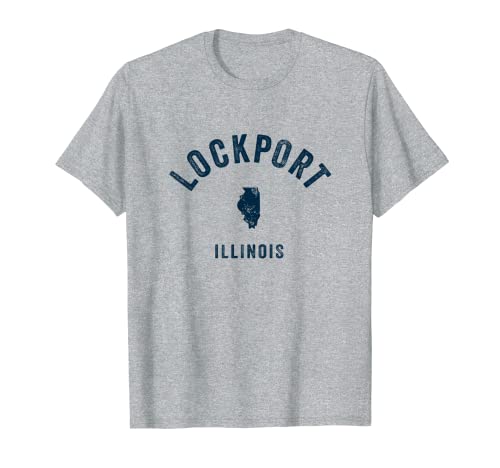 Lockport Illinois IL Vintage 70s Diseño Deportivo Estampado Azul Marino Camiseta