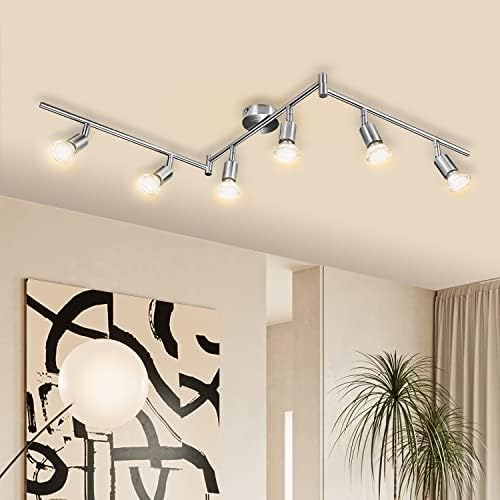 Bojim 6-Light LED Ceiling Spotlight, 6 x GU10 6W 550LM 2700K Warm White, 6 Way Rotatable LED Ceiling Lamp for Kitchen, Living Room, Bedroom, Matte Nickel & Swivelling Bar Design 220V-240V, IP20