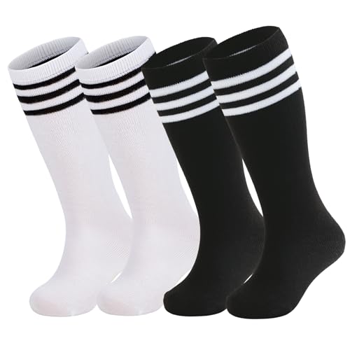 Zando 4 Pairs Toddler Knee High Socks Black Soccer, Baseball, Dress, Long Sports Tube Socks for Boys Girls Black*2/White*2 6-9 Years