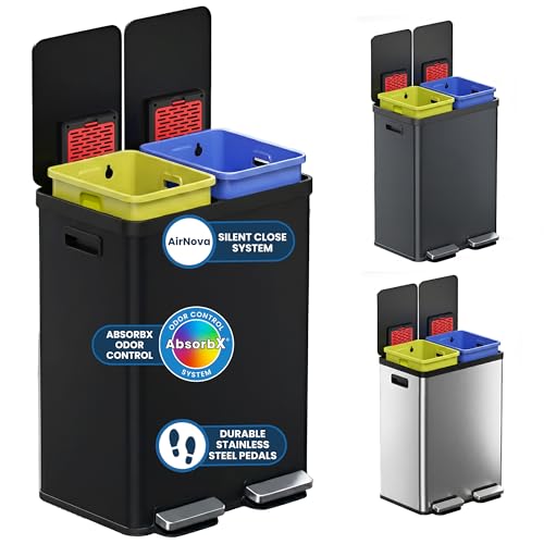 Image of iTouchless 16 Gallon / 60L Dual Kitchen Trash Can & Recycle Bin, 2x8 Gal Removable Buckets, Soft-Close Stainless Steel Step Pedal, Fingerprint-Resistant, AbsorbX Odor Filter - Matte Black