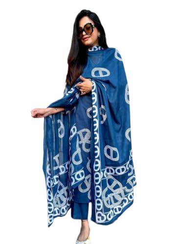 Image of Nermosa Women Printed Stragiht Kurta and Pant set with Dupatta | 3-Piece Set, White Geometric Print, Dupatta Included, Straight Palazzo, Ethnic Wear