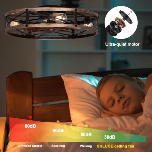 SHLUCE 24" Farmhouse Flush Mount Ceiling Fans with Lights, Caged Low Profile Enclosed Ceiling Fans with Lights and Remote, Rustic Large Bladeless Ceiling Fan with Light for Bedroom, Kitchen - ETL by SHLUCE - Used condition - Image 5