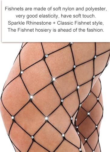 Image of VOAKOW 2 Pairs Thigh High Fishnet Stockings Sparkly Fishnet Tights for Women, Rhinestone Fishnets Stockings