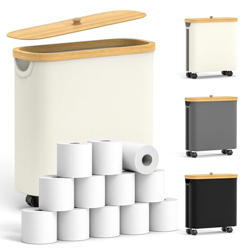 Toilet Paper Storage with Wheel Bamboo Toilet Paper Holder with Lid and Handle Toilet Papers Organizer for Bathroom Free Standing 30L Papers Basket for 9-12 Rolls Bathroom Accessories, Beige