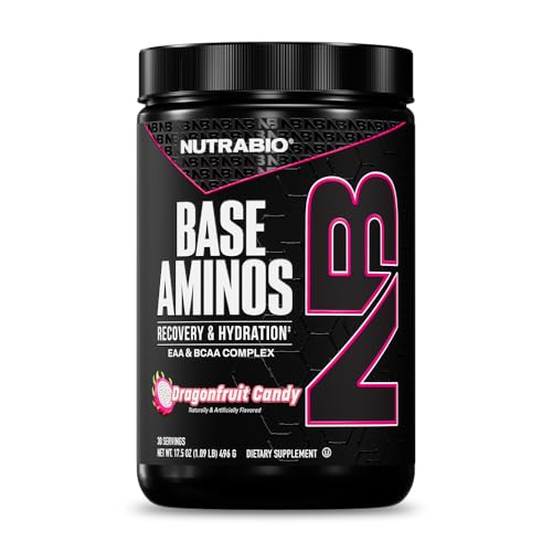 NutraBio Base Aminos EAA + BCAA Powder –10g Essential Amino Acids Supplement, 6g 2:1:1 BCAAs, 2.8g Hydration Matrix with Electrolytes & Absorption Enhancer AstraGin® – 30 Servings- Dragon Fruit Candy
