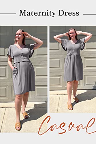 Laishen Women's Ruffle Short Sleeve Maternity Dress Button Down Nursing Dresses For Breastfeeding(Gray,L) #TOP3