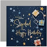 Old English Co. Stepdad Birthday Card for Him - Navy Blue Male B'day Gift for Family - Stars Wrapped Gifts Presents Design - Modern Birthday Card | Blank Inside