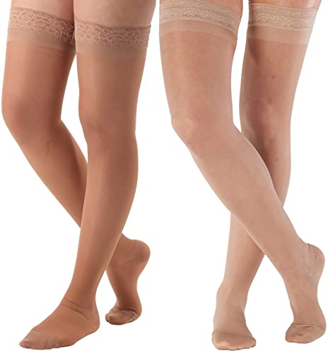 ABSOLUTE SUPPORT (2 Pairs) Made in USA - Thigh High Compression Dress Stockings with Silicone Border for Women 15-20mmHg | For Improving Blood Circulation - Nude & Beige, Medium - Main Image