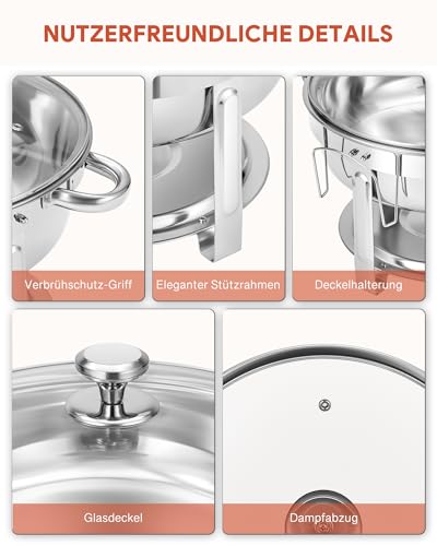 Wilprep Chafing Dish Set 5,5L Rund Speisenwärmer mit Glasdeckel Erstklassiger 410 Edelstahl Wärmebehälter Suppenwärmer Warmhaltebehälter für Buffets, Familienfeiern, Bankette – Bild 5