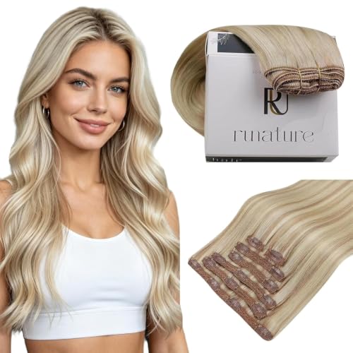 RUNATURE Clip in Hair Extension Real Human Hair Blonde Invisible #18P60