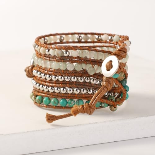 Artilady Natural Stone Bracelets For Women - Boho Leather Wrap Handmade Bracelet Turquoise Agate Healing Crystal Bead Stack Multilayer Jewelry Gifts For Women thumb #4