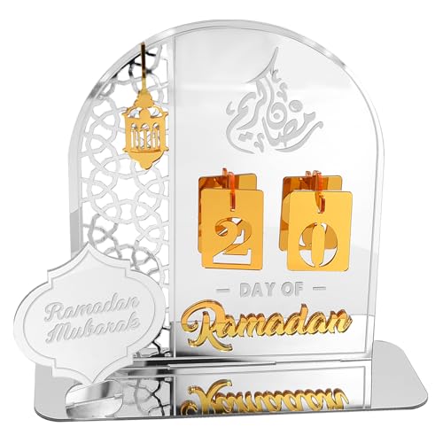 Mritrit Calendrier du Ramadan en acrylique - Compte à rebours DIY - Décoration de table Aïd Mubarak - Calendrier de l'Avent pour salon, fête islamique - Décoration pour famille - Argenté