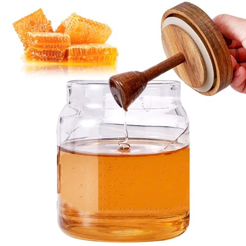 MLKLDOU Tarro de cristal para miel, 500 ml con cucharón y tapa de madera, tarro de almacenamiento transparente para miel, tarro de mermelada para almacenamiento en el hogar y la cocina