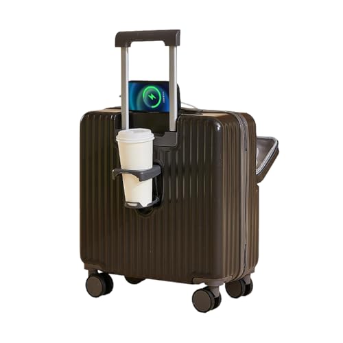 Travel Luggage Small, Carry on Suitcase Hardside, Lightweight Suitcase Spinner 4 Wheels,Front Open Luggage with USB Charger Cup Holder (Black, 18in)