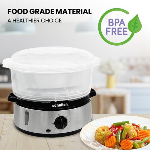 Schallen Premium Healthy Eating Electric Food Steamer Machine Large 9L Capacity 3 Tier Rice Meat Vegetable Food Steaming Cooker | Stainless Steel Silver & Black | 60 Minute Timer - Image 6