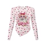 Gzzxiailg Hearts Rose Cat Womens Fashionable Basic Tees Long Sleeve Bodycon Bottoming Tops Irregular Hem Fall Clothes Slim Fit Thermal Tops Soft Underwear Plus Sizes Valentine's Day Outfits
