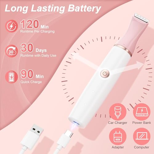 Rasuradora Mujer Zona Intima Afeitadora Mujer: 4 in 1 Recortadora Corporal Indoloro para Facial, Corporal, Pubis, Cejas, Nariz y Oreja Piernas y Axilas Uso en Seco y en Mojad Recargable - imagen 8