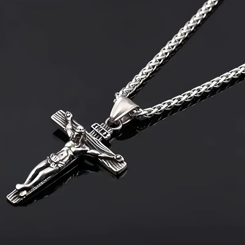 Axmerdal Jesus Christ on INRI Crucifix Cross Pendant Necklace for Boys Womens Mens with 24inch/61cm Stainless Steel Chain