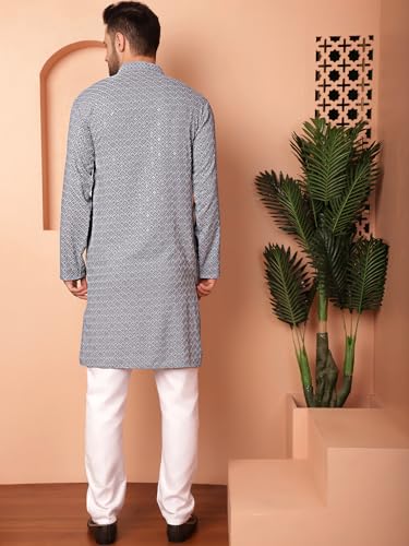 Image of Jompers Men's Grey Embroidered and Sequence Kurta with Pyjama (Grey, S)