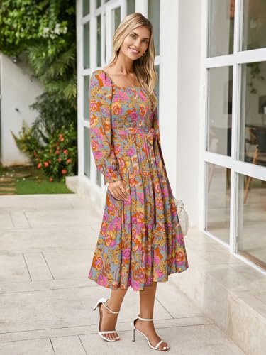Image of Simplee Womens Long Sleeve Maxi Dress Casual Square Neck Smocked Flowy Fall Wedding Guest Dresses