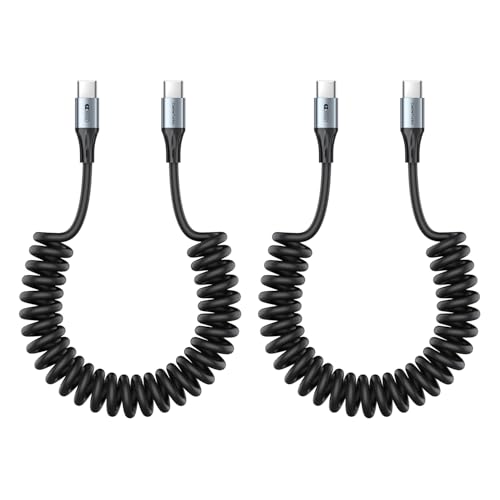 CableTurbo Coiled USB C to USB C Cable 2-Pack 60W Fast Charging Tangle Free Car Charging Cord C to C Charging Cable for iPhone 17/16/15/Android 5FT (Stretch 1.3-3.3FT)