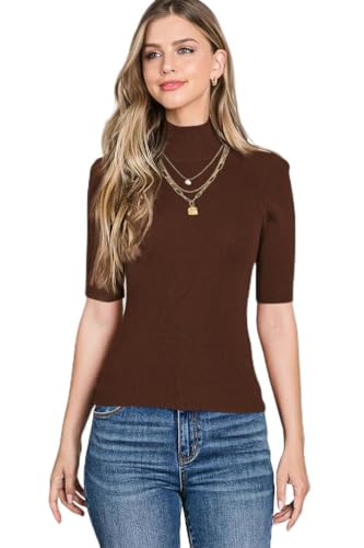 Women's Short Sleeve Mock Turtleneck Sweaters Business Casual Trendy Tops 2025 Fall Outfits Mocha