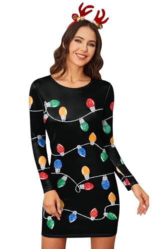 For G and PL Mini robe de Noël à col rond et manches longues pour femme - Imprimé Noël - Costume de fête - Taille S à XXL, XL