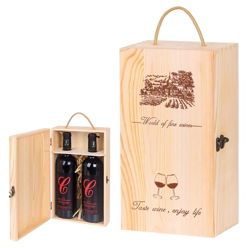 CNZOOEJIA 1 Premium Wooden Wine Gift Box for 2 Bottles - Elegant Rope Handle, Reusable & Sturdy Case for Weddings, Parties, Housewarming Gifts (Double Bottle)