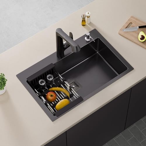 Image of Fossa Black Kitchen Sink - 24 inchx18 inchx10 inch Stainless Steel Single Bowl Sink with Tap Hole, Drain Basket, Soap Dispenser, Drain - Topmount Sink for Campervan or Home Kitchen (Black)