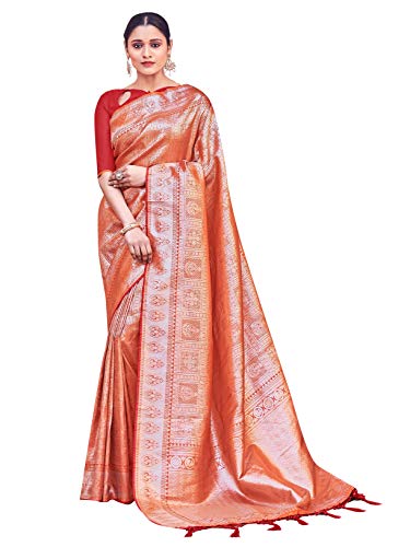 Sarees for Women Banarasi Art Silk Woven Saree || Ethnic Indian Traditional Wedding Gift Sari with Unstitched Blouse Orange