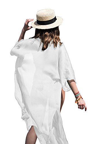 FOCUSNORM Women Chiffon 3/4 Sleeves Beach Dress Kimono Cardigan Swimsuit Cover Up (One Size Fits US XS-L, White)