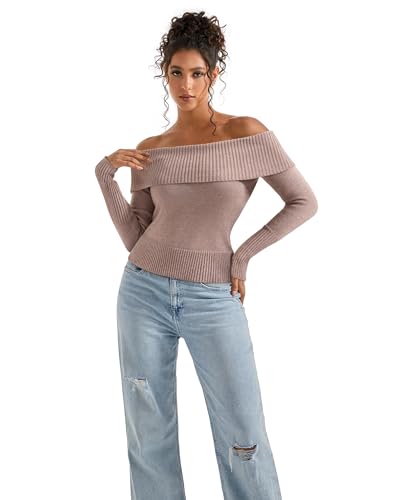 Image of SUUKSESS Women Off Shoulder Sweaters Long Sleeve Ribbed Knit Going Out Fall Tops Blouse