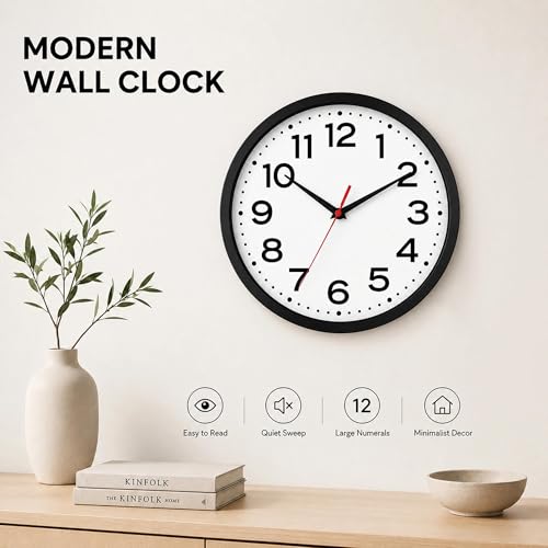 Image of Roymnie 12 Inch Wall Clock, Battery Operated Silent Non Ticking Black | analog wall clock; bold numerals for easy reading; silent non-ticking; 1 AA battery (not included); for classroom