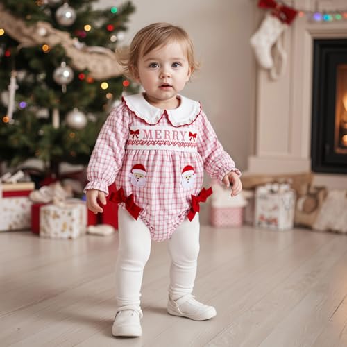 Newborn Baby Girl Christmas Outfit Santa Claus Embroidered Long Sleeve Romper Infant girl Plaid Bubble Outfits2