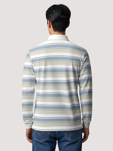 Image of BULLMER White Striped Printed Polo Neck Fullsleeve Tshirt with Rib for Men.