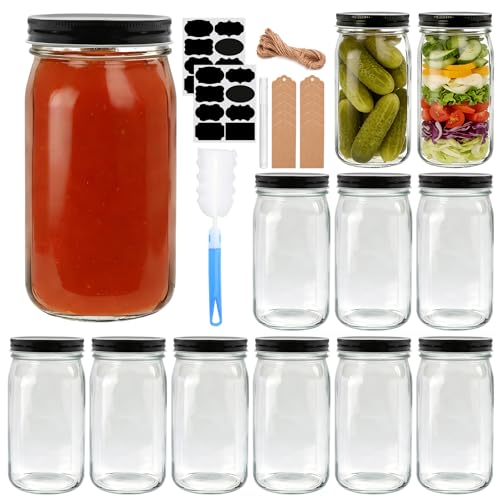 QAPPDA 32 OZ Glass Jars with Lids Set of 12,Clear Wide Mouth 1000ML Glass Mason Jar with Airtight Lid,Durable Glass Food Storage Canning Jars for Pickles,Jams,Preserving